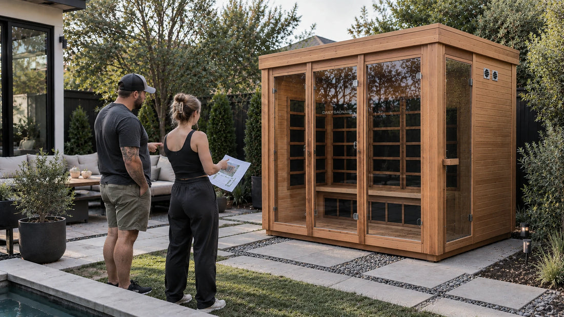 Outdoor cedar sauna on a backyard patio