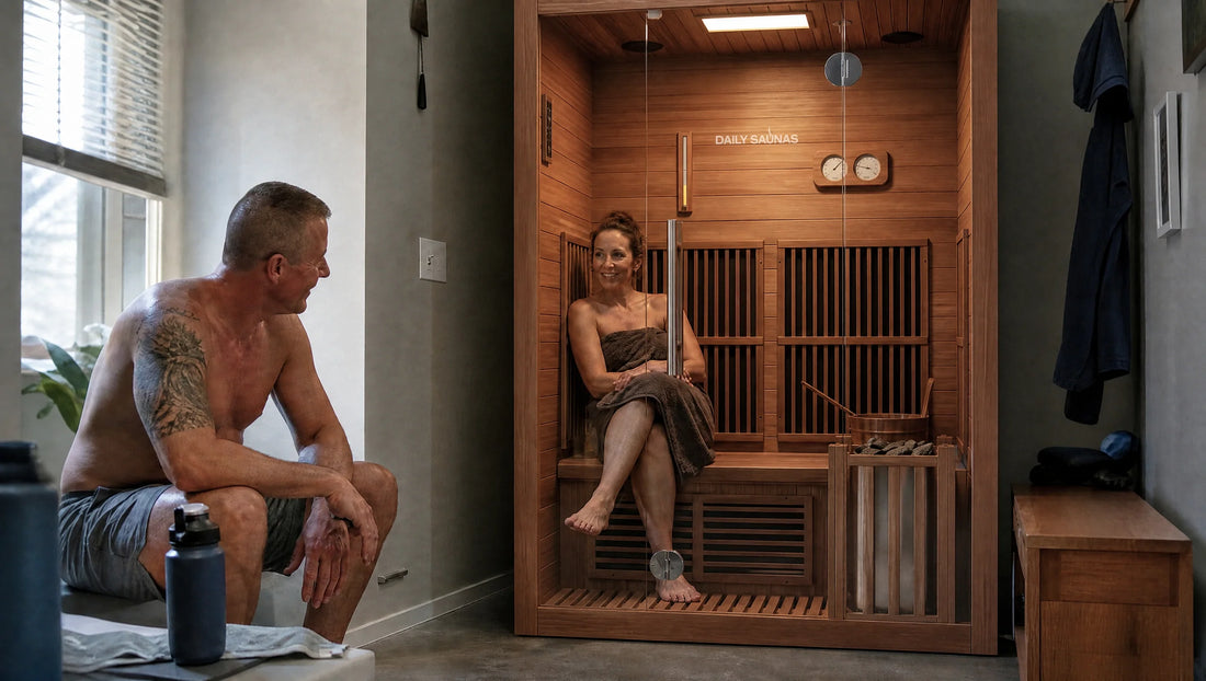 Woman relaxing inside a red cedar hybrid sauna with infrared panels and a stone heater while a man sits outside