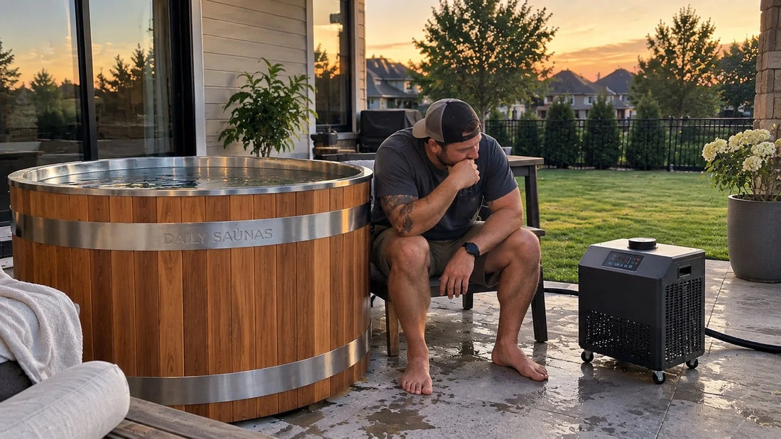 Cedar cold plunge tub with a chiller on a backyard patio