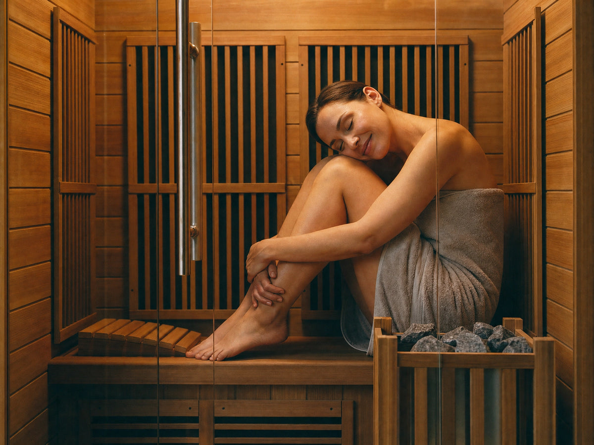 A person sitting inside the infrared sauna cabin