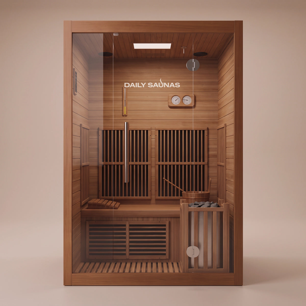 2-Person Combination Cedar Sauna, front view with stone heater