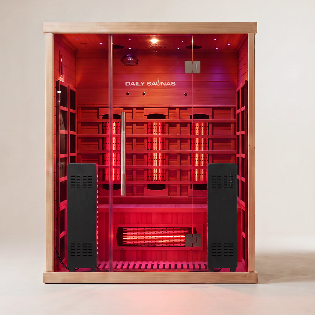 3-Person Red Light + Full Spectrum Hemlock Sauna, front view with red light on