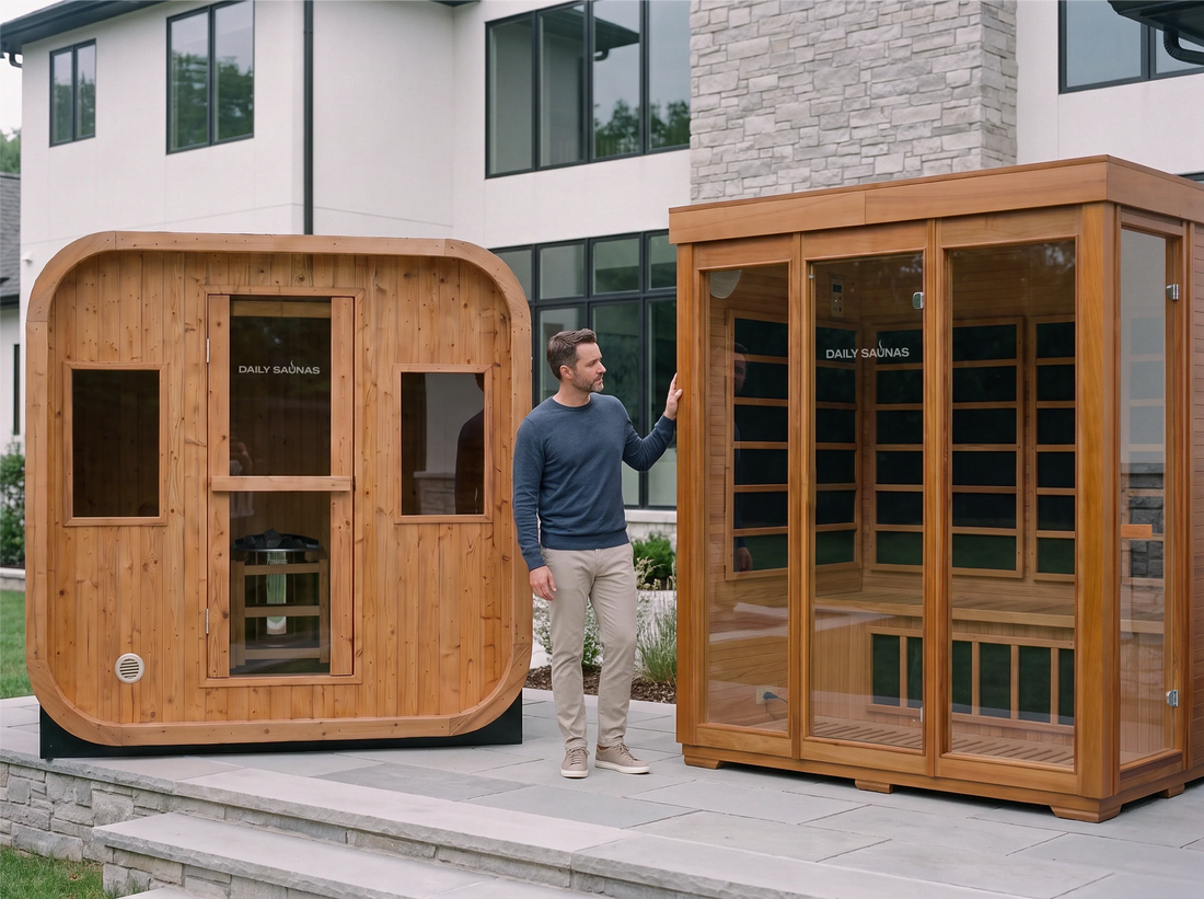 Man standing between a cedar traditional sauna with a stone heater and a cedar infrared sauna