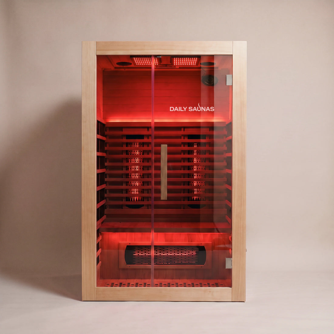 2-Person Red Light + Full Spectrum Hemlock Sauna with red light on