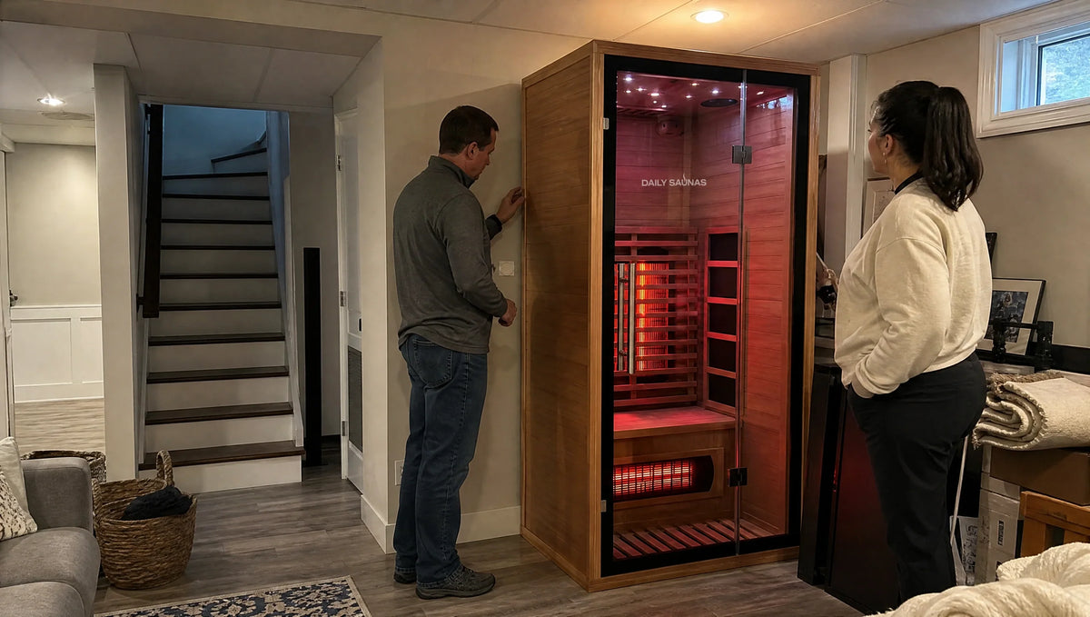 Couple checking the fit of a 1-person infrared sauna in a finished basement next to the stairs