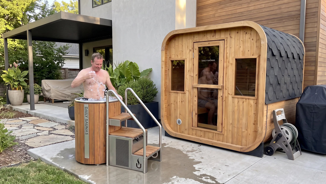 Man in a cedar cold plunge with a chiller next to an outdoor red cedar sauna on a backyard patio