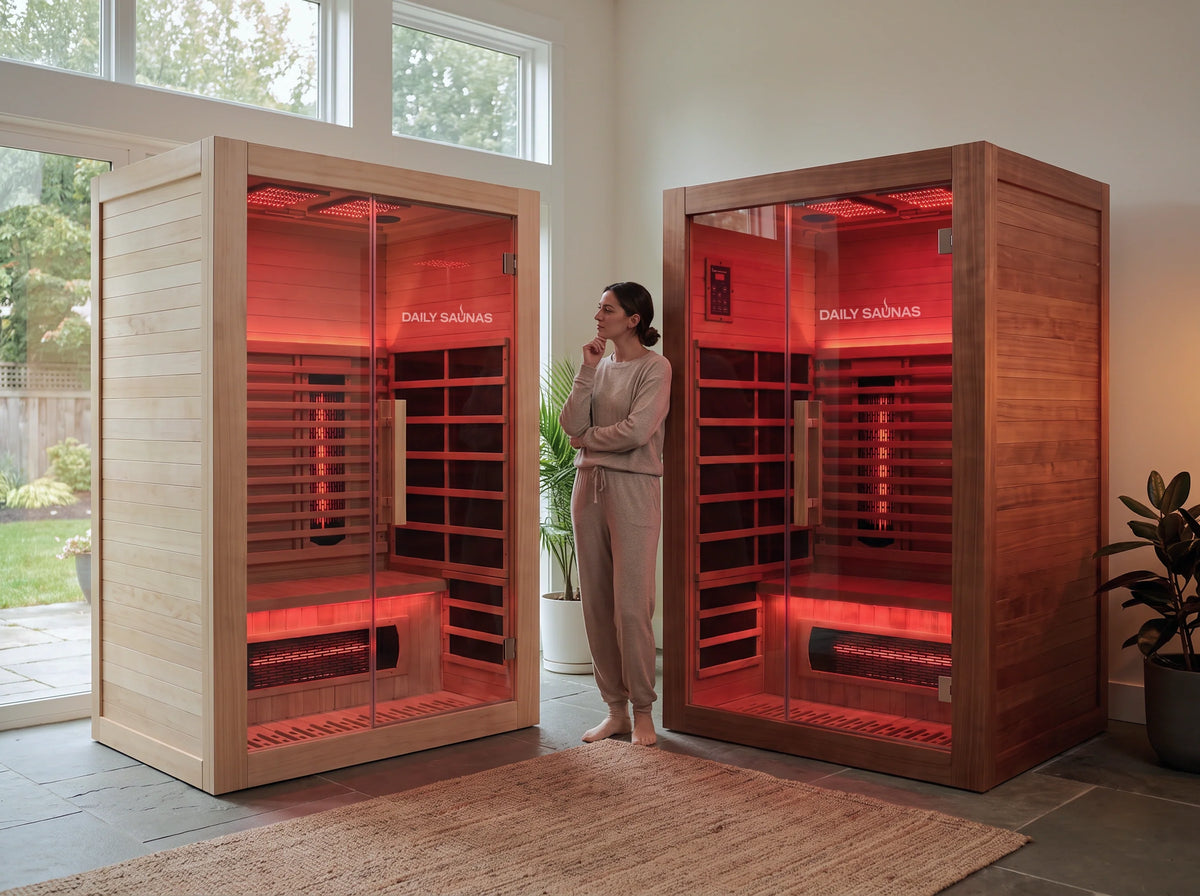 Woman standing between a hemlock sauna and a red cedar sauna in a bright room
