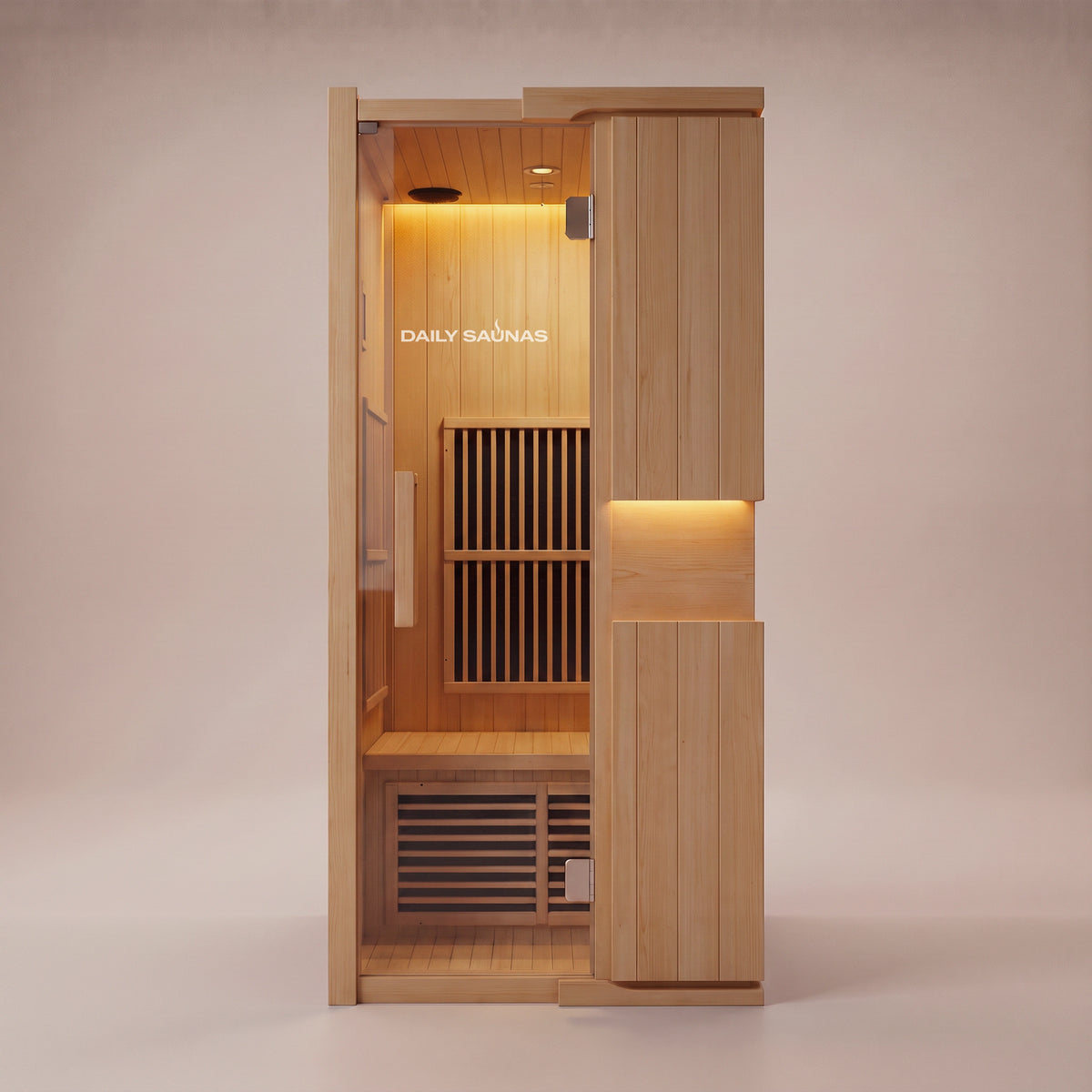1-Person Infrared Hemlock Sauna, front view with glass door