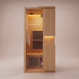 1-Person Infrared Hemlock Sauna, front view with glass door