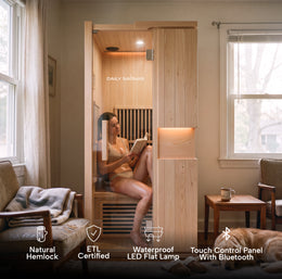 1-Person Infrared Hemlock Sauna in a bright living room with feature callouts