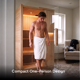 Man in a towel stepping into the 1-Person Infrared Hemlock Sauna at home