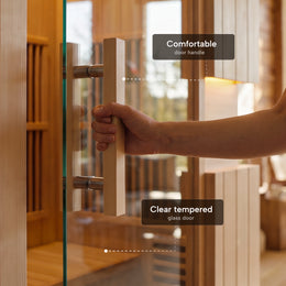 Hand opening the tempered glass door of the 1-Person Infrared Hemlock Sauna