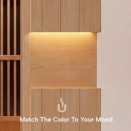 Ambient light on the hemlock wall of the 1-Person Infrared Hemlock Sauna