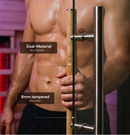 Door handle and tempered glass of the 1-Person Full Spectrum Hemlock Sauna