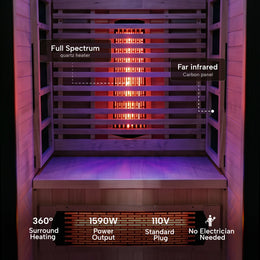 Interior of the 1-Person Full Spectrum Hemlock Sauna with key specs