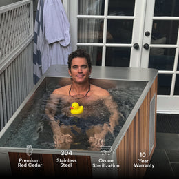 Man in the 2-Person Cedar Ice Bath with Chiller, feature icons