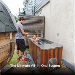Man and child next to the 2-Person Cedar Ice Bath with Chiller in a side yard