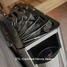 Close-up of the ETL-certified Harvia heater in the 4-Person Outdoor Traditional Cedar Sauna