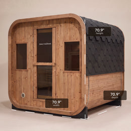 4-Person Outdoor Traditional Cedar Sauna, side view with dimensions