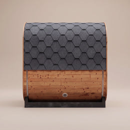 Back of the 4-Person Outdoor Traditional Cedar Sauna with shingle roof