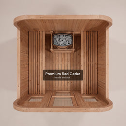 Top-down view of the red cedar interior of the 4-Person Outdoor Traditional Cedar Sauna