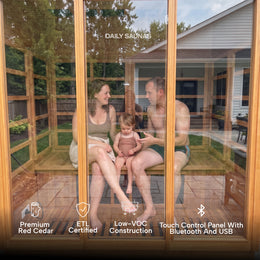 Family inside the 4-Person Outdoor Infrared Cedar Sauna on a patio, feature icons