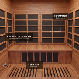 Cedar bench and infrared panels inside the 4-Person Outdoor Infrared Cedar Sauna