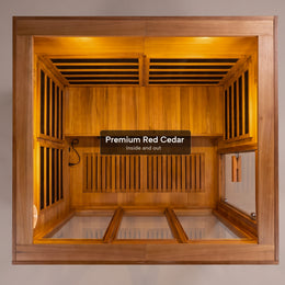 Red cedar interior of the 4-Person Outdoor Infrared Cedar Sauna