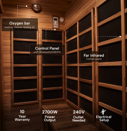 Interior of the 4-Person Outdoor Infrared Cedar Sauna with key specs