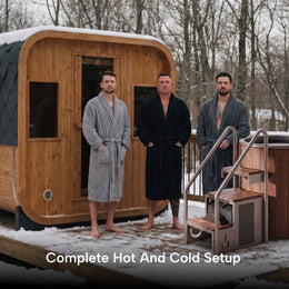 Three men in robes next to the sauna and cold plunge in snow, Outdoor Contrast Therapy Bundle