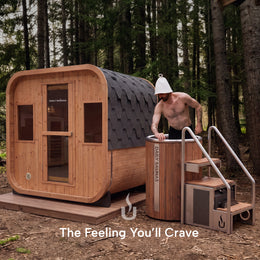 Man stepping out of the cold plunge next to the outdoor sauna, Outdoor Contrast Therapy Bundle