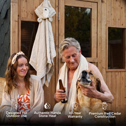 Couple with towels outdoors, Outdoor Contrast Therapy Bundle feature icons