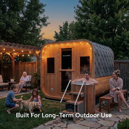 Friends around the outdoor sauna at dusk, Outdoor Contrast Therapy Bundle