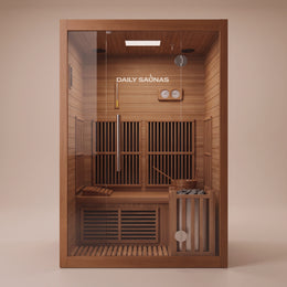 2-Person Combination Cedar Sauna, front view with stone heater