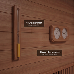 Hourglass timer and hygro-thermometer in the 2-Person Combination Cedar Sauna