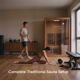 Couple stretching near the 2-Person Combination Cedar Sauna in a home gym
