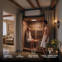 Couple inside the 2-Person Combination Cedar Sauna in a living room, feature icons