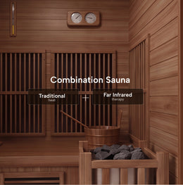 Traditional stove and infrared panels inside the 2-Person Combination Cedar Sauna