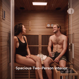 Couple talking inside the 2-Person Combination Cedar Sauna