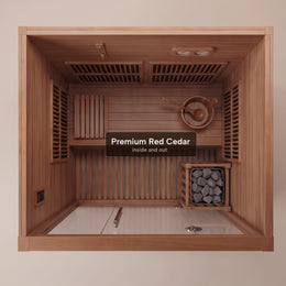 Red cedar interior and bench of the 2-Person Combination Cedar Sauna