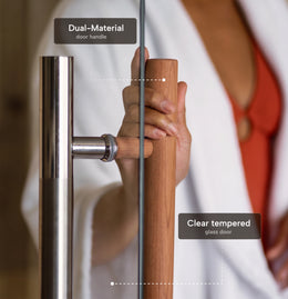 Hand on the door handle of the 2-Person Combination Cedar Sauna