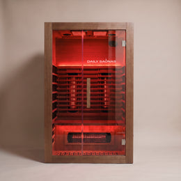 2-Person Red Light + Full Spectrum Cedar Sauna, front view with red light on