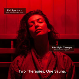 Woman under red light in the 2-Person Red Light + Full Spectrum Cedar Sauna