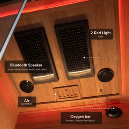 Red light panels, Bluetooth speaker and oxygen bar in the 2-Person Red Light + Full Spectrum Cedar Sauna