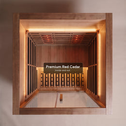 Red cedar interior and bench of the 2-Person Red Light + Full Spectrum Cedar Sauna