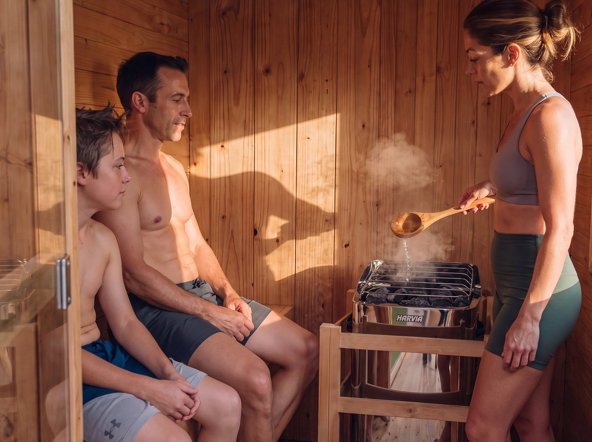 A person sitting inside the infrared sauna cabin