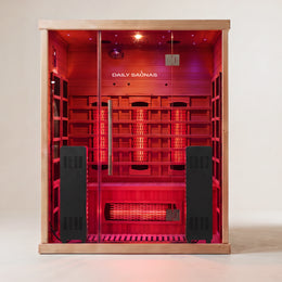 3-Person Red Light + Full Spectrum Hemlock Sauna, front view with red light on