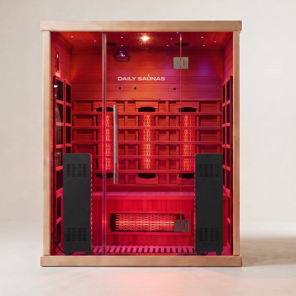 3-Person Red Light + Full Spectrum Hemlock Sauna, front view with red light on