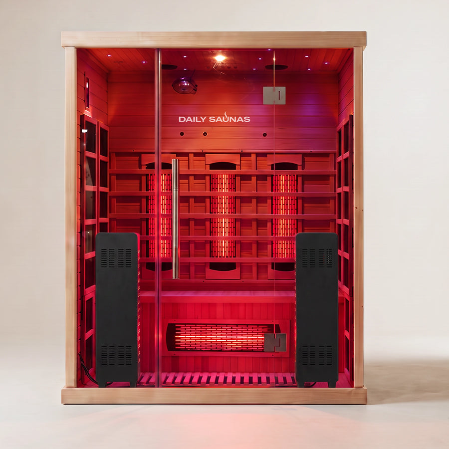 3-Person Red Light + Full Spectrum Hemlock Sauna, front view with red light on