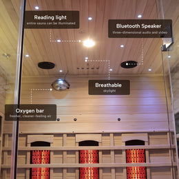 Reading light, Bluetooth speaker and oxygen bar in the 3-Person Red Light + Full Spectrum Hemlock Sauna